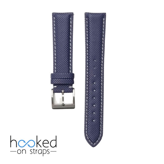 blue saicloth strap with gray stitch - front side