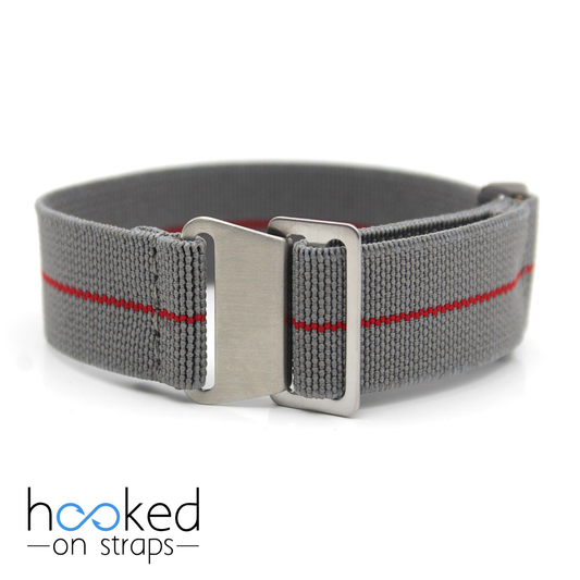 grey elastic nato strap with red centerline